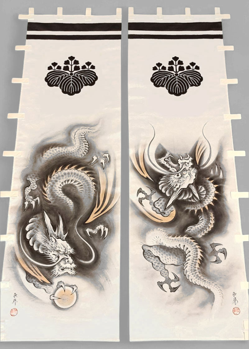 手描き武者のぼり・いわき絵のぼり辰昇作室内用座敷幟 昇り龍・降り龍