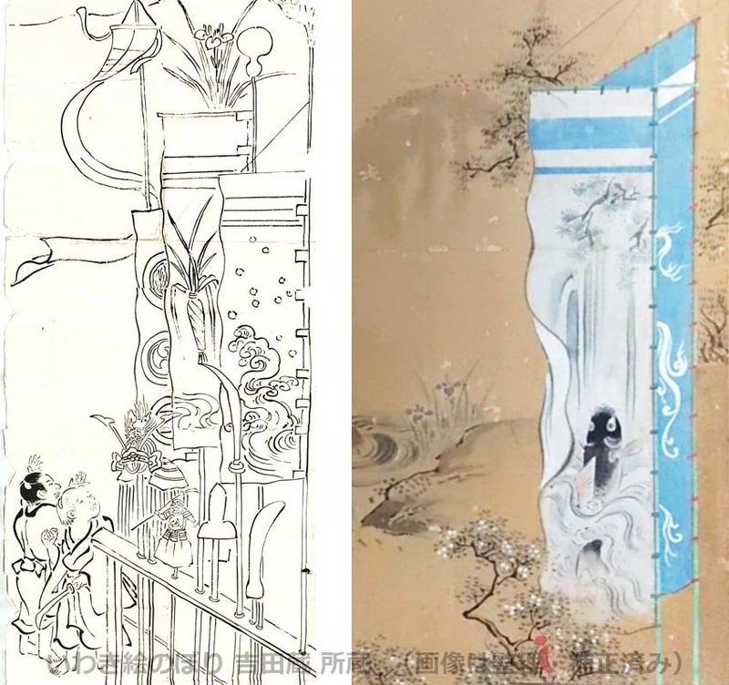 ・左:江戸中期の端午(いわき絵のぼり吉田蔵)右:鯉のぼりの元となった鯉の絵のぼり(いわき絵のぼり吉田蔵)